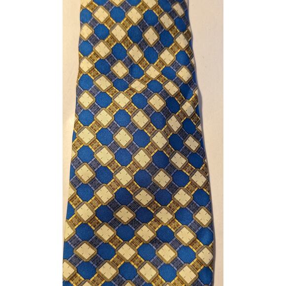 Piaget Silk Vintage 100% Silk Blue Gold Geometric Design Neck Tie - Picture 10 of 16